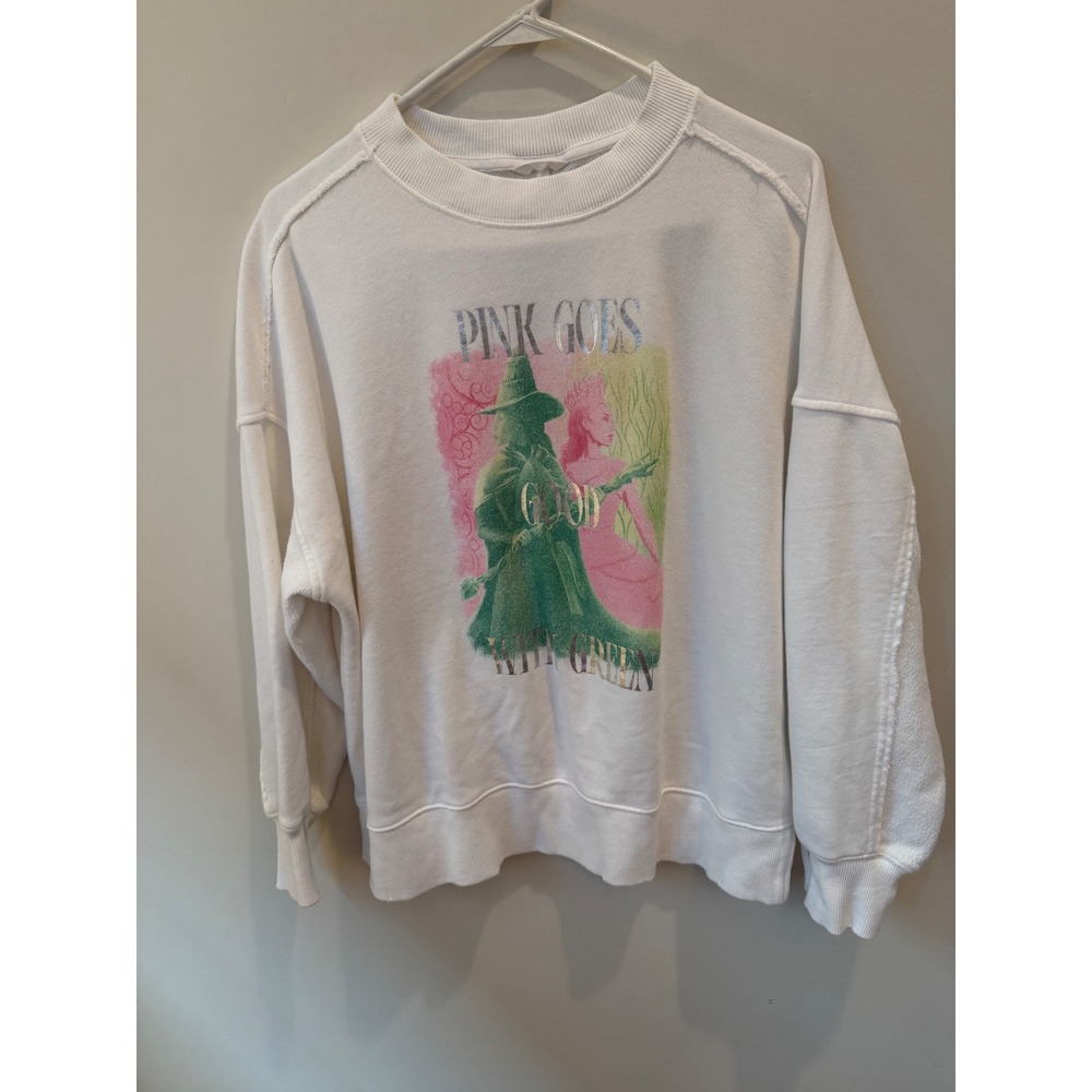 XS Aerie Wicked Movie Sweatshirt White Pink Goes Good W Green Graphic Pullover